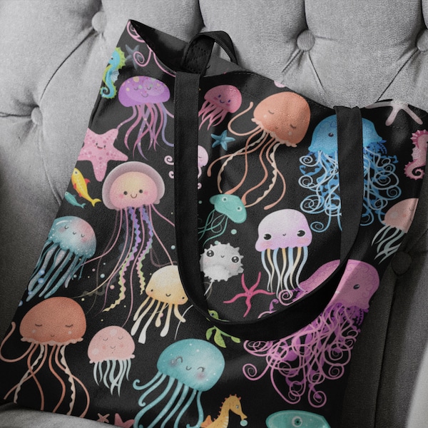 OCEAN CREATURES TOTE, schattige kwallen, herbruikbare tas, zeeleven, onder de zee, zeedieren, mariene biologie cadeau, zeeleven, schildpad, vis