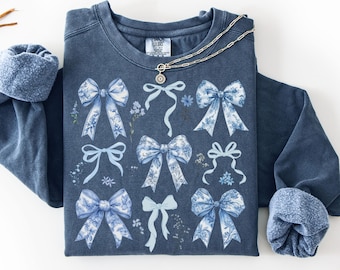 Toile De Jouy Coquette Bow Sweater Comfort Colors®, Blue Ribbon Crewneck, Girl Aesthetic Sweatshirt, Feminine Floral Bow, Blue Toile Bow Tee