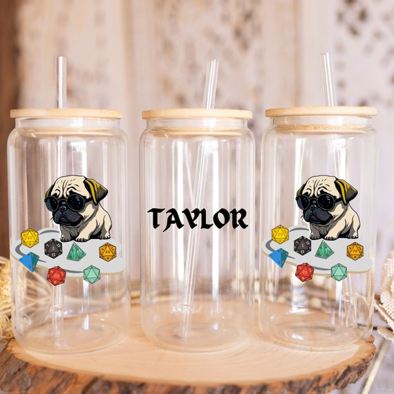 DND PUG custom name sipper glass, DND gift, role play mug, critical role gift, gift for her, gift for him, gamer gift, personalized gift