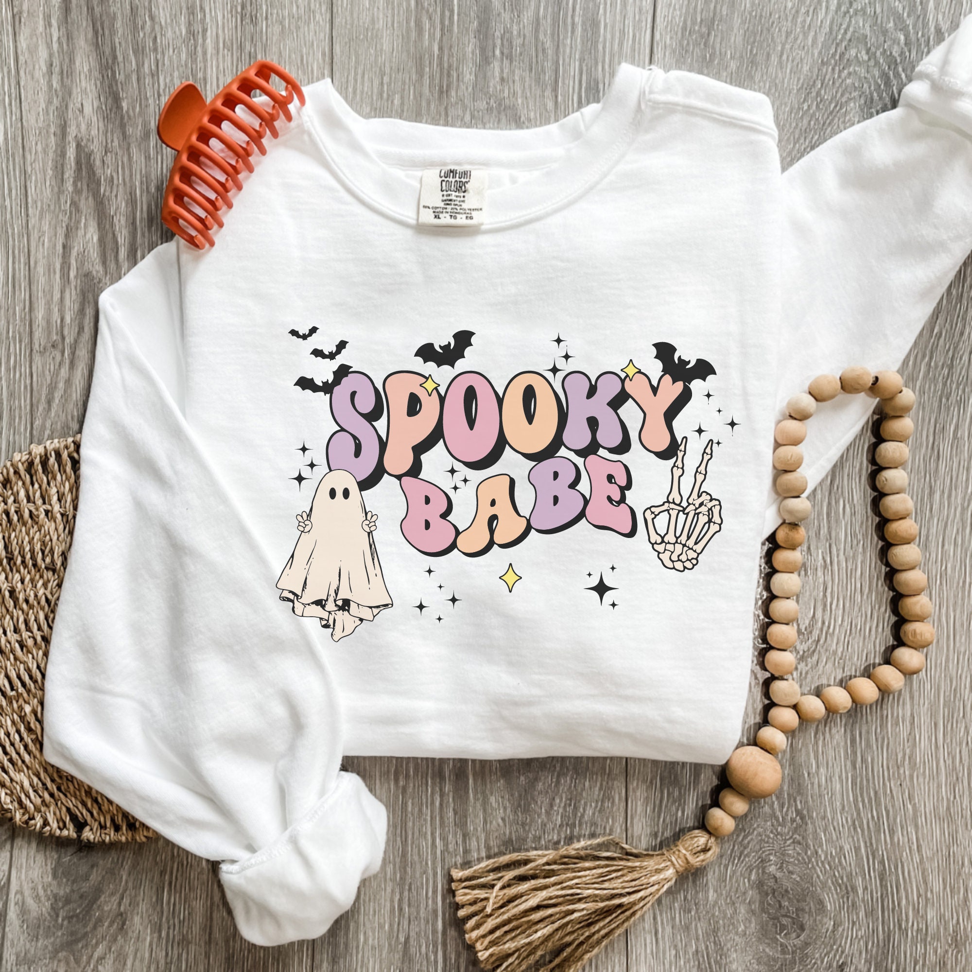 Discover SPOOKY BABE t shirt,  colours retro halloween shirt, halloween t shirt, skeleton hands shirt, retro ghost,  colours t shirt t