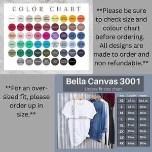 Op de afbeelding: Een maattabel voor Bella Canvas 3001 unisex t-shirts. De tabel toont de lengte en breedte van de shirts in inches voor maten XS tot 4X. De tabel is getiteld "Unisex pasvorm maattabel".