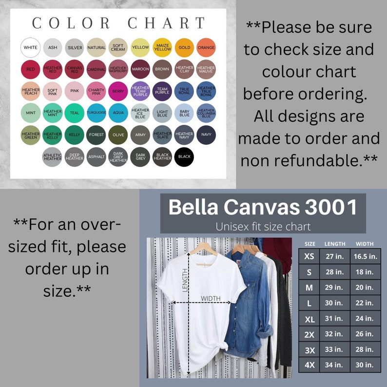 Op de afbeelding: Een maattabel voor Bella Canvas 3001 unisex t-shirts. De tabel toont de lengte en breedte van de shirts in inches voor maten XS tot 4X. De tabel is getiteld "Unisex pasvorm maattabel".