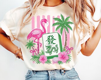 Pink Flamingo Mahjong Shirt, Tropical Flamingo Graphic Tee, Lucky Mahjong Tile T-Shirt, Beach Vacation Summer Shirt, Gift for Mahjong Lover