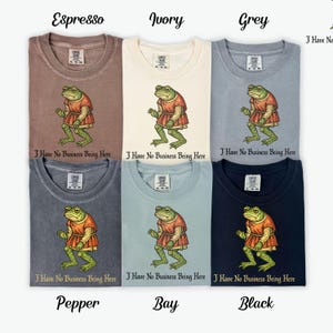 A t-shirt design showing a green frog standing upright in a medieval-style red tunic. Below the illustration is the phrase “I Have No Business Being Here” in black gothic-style lettering. The artwork has a vintage, illustrated appearance and is printed on a t-shirt.