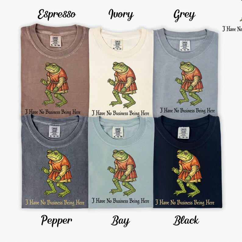 A t-shirt design showing a green frog standing upright in a medieval-style red tunic. Below the illustration is the phrase “I Have No Business Being Here” in black gothic-style lettering. The artwork has a vintage, illustrated appearance and is printed on a t-shirt.
