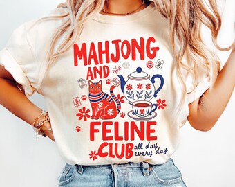 Mahjong and Feline Club Shirt, Cat Lover Mahjong Tee, Cute Cat Graphic Shirt, Mahjong Player Gift, Tea Lover T-Shirt
