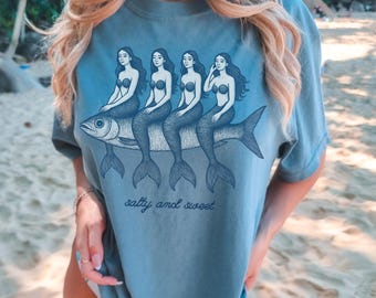 SALTY AND SWEET Mermaid Sardine vintage shirt, Mermaid Fish, Sardine Graphic Tee, Sardines t, Coastal Aesthetic, Coastal Mermaid Sardine Top