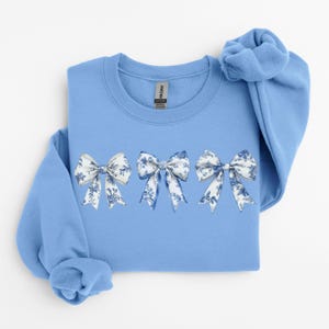 COQUETTE TOILE BLUE Bow sweatshirts, Girly Aesthetic Crewneck, Cute Coquette Bow Shirt, Toile Blue Bow Sweater, Girly Blue Ribbon Sweatshirt