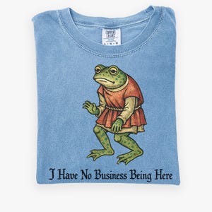 A t-shirt design showing a green frog standing upright in a medieval-style red tunic. Below the illustration is the phrase “I Have No Business Being Here” in black gothic-style lettering. The artwork has a vintage, illustrated appearance and is printed on a t-shirt.