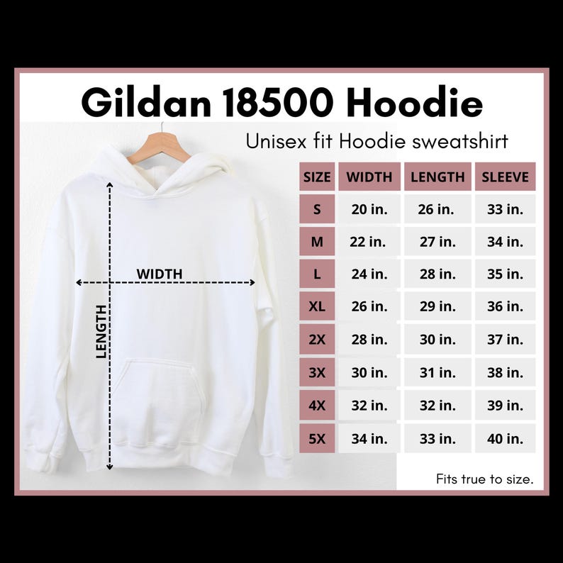 May include: A white Gildan 18500 unisex fit hoodie sweatshirt. The image includes a size chart with measurements in inches for width, length, and sleeve length, ranging from size S to 5X.