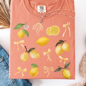 LEMONS and COQUETTE BOWS comfort colours vintage wash t shirt, Art Graphic Fruit Shirt, Pastel Drawing Lemons Shirt, Aesthetic Fruit Shirt