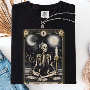 The Reader Tarot Card Front And Back Printing Shirt, Skeleton Reading T-shirt, Book Lover Gift For Women, Book Lover Tee, Tarot Card Shirt