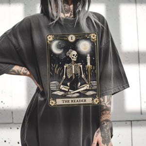 The Reader Tarot Card Front And Back Printing Shirt, Skeleton Reading T-shirt, Book Lover Gift For Women, Book Lover Tee, Tarot Card Shirt