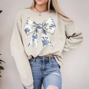 COQUETTE TOILE BLUE Bow sweatshirts, Girly Aesthetic Crewneck, Cute Coquette Bow Shirt, Toile Blue Bow Sweater, Girly Blue Ribbon Sweatshirt