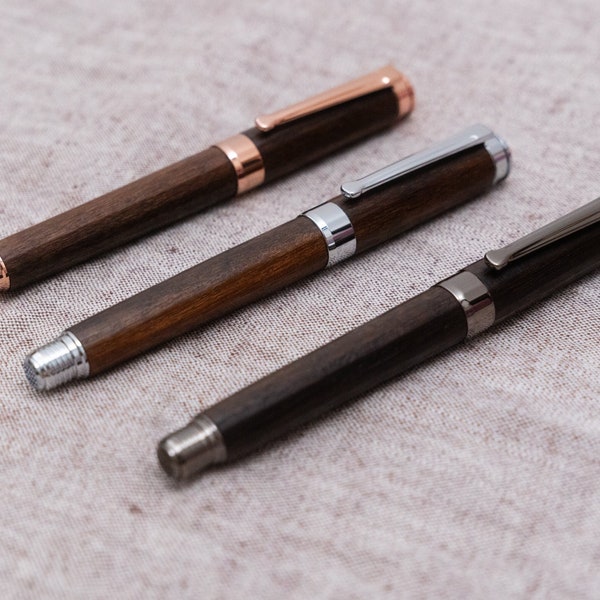 Greenheart Wood Rollerball Pen With Personalised Leather Case, Rose Gold, Grey Chrome, Chrome