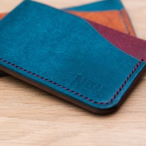 Cartera Tarjetero Cuero Hecha a Mano, Azul, Tostado, Burdeos