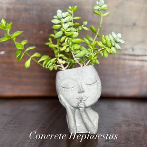 May include: A gray concrete planter shaped like a face with closed eyes and a finger to the lips, holding a green succulent plant. The text "Concrete Hephaestus" is at the bottom. The planter is on a dark wooden surface.
