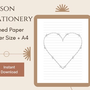 Corazón de alambre de púas / Papel de papelería imprimible / Papelería de prisión / Papel rayado / Descarga digital instantánea / Carta de EE. UU. + Tamaño A4