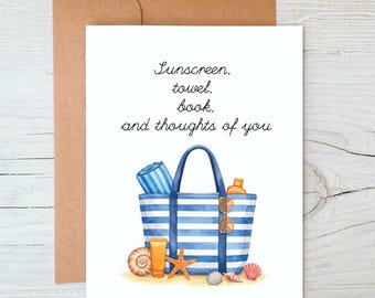 Sunscreen, towel, book, and thoughts of you / Friendship Card / Prison Wife Card / Long Distance Relationship Card / Love Card (A2 card)