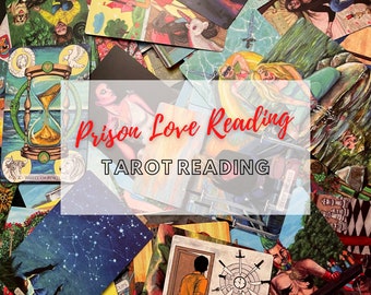 May include: A close-up of a tarot card reading spread with the text "Prison Love Reading Tarot Reading" in red letters on a white background. The cards are colorful and feature various illustrations.
