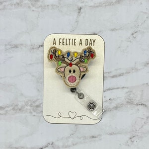 Reindeer in Christmas lights interchangeable badge reel feltie topper
