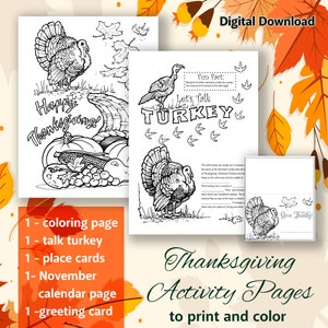 Coloriage de Thanksgiving, faits scientifiques amusants sur les dindes, calendrier de novembre, carte de voeux, espace réservé aux cartes, téléchargement numérique