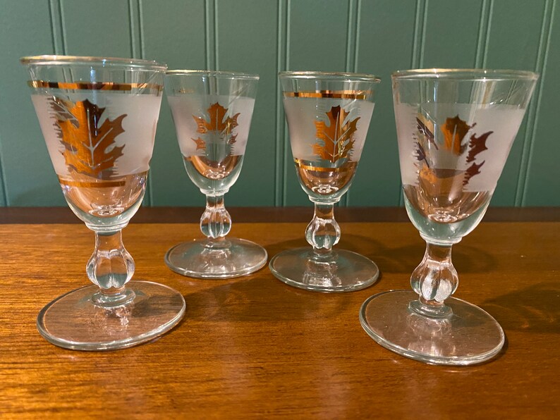 Set of 4 Vintage Libby Frosted Gold Leaf Cordial Glasses Etsy
