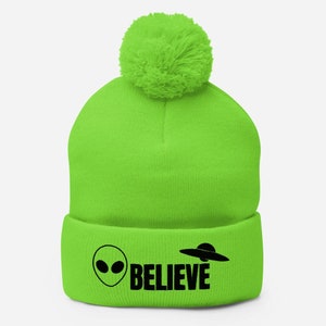 Pom-Pom Embroidered Alien Beanie | Alien Lover Beanie | Neon Green Beanie Hat | Ski Hat | UFO Beanie
