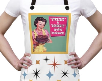 Delantal retro sarcástico con la frase "El estrés es postre escrito al revés", delantal divertido de MCM, delantal de regalo de boda, delantal vintage divertido, regalo de panadero