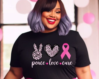 Koszulka z napisem „Świadomość raka piersi”, Koszulka Peace Love Cure Breast Cancer, W październiku nosimy róż, Towary na temat raka piersi, Koszulka z różową wstążką
