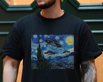 Starry Night Alien Cow Abduction Unisex Comfort Colors Shirt, Alien Tshirt, Van Gogh Tshirt, Starry Night Tshirt, Starry Night, Alien Merch