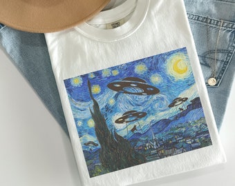 Starry Night Alien Cow Abduction Unisex Comfort Colors Shirt, Alien Tshirt, Van Gogh Tshirt, Starry Night Tshirt, Alien Merch, Starry Night