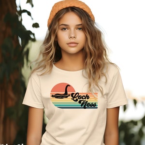 Retro Sunset Loch Ness Monster Youth Short Sleeve Tee, Loch Ness Children&#39;s Shirt, Kids Loch Ness Shirt, Nessie, Loch Ness, Kid&#39;s Summer Tee