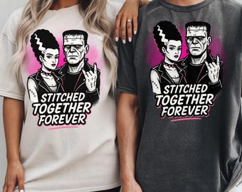 Maglietta per coppie Frankenstein e la moglie di Frankenstein, magliette coordinate per Halloween, maglietta "Stitched Together Forever", regalo per fan dei film horror, stile gotico