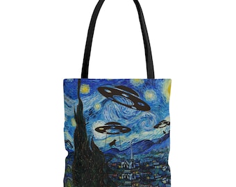 Starry Night Alien Cow Abduction Bag, 2 sizes 16"x16" or 18" x 18", Starry Night Merch, Gift for Art Lover, Funny Van Gogh, Alien Bag, Art