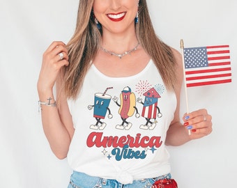 Regata retrô America Vibes, regata retrô 4 de julho, quarta regata engraçada retrô, regata patriótica, regata 4 de julho, Dia da Independência, regata dos EUA