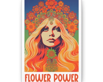 Canvas - Groovy Hippie Flower Power , Retro Flower Power Print, Vintage Inspired Hippie Poster, Psychedelic, Boho Print, Hippie Graphics