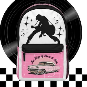 Sac à dos Elvis, cadeau fan rétro Cadillac rose, sac de voyage Presley, sac à dos pour mélomane, cartable d'inspiration vintage
