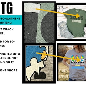 K&ouml;nnte beinhalten: Ein Vergleich von zwei T-Shirts, die mit der Direct-to-Garment (DTG)-Druckmethode bedruckt wurden. Der Text auf den Shirts lautet "Jesus Rocks" und "Gnome One Else Like Me Unique". DTG-Druck ist eine Druckmethode, die zu hochwertigen, langlebigen Drucken f&uuml;hrt, die nicht rei&szlig;en oder abbl&auml;ttern.