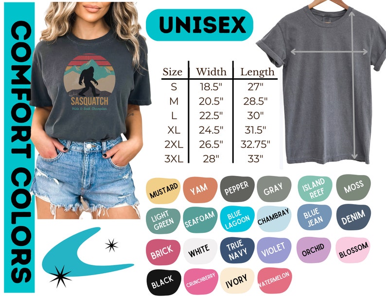 K&ouml;nnte beinhalten: Ein Unisex-T-Shirt mit einem Vintage-Grafikdruck eines Sasquatch, der vor einem Sonnenuntergang steht. Das Shirt ist in verschiedenen Farben erh&auml;ltlich, darunter Senf, Yam, Pfeffer, Grau, Inselriff, Moos, Hellgr&uuml;n, Schaum, Blauer Lagune, Chambray, Jeansblau, Denim, Ziegel, Wei&szlig;, Dunkelblau, Violett, Orchidee, Bl&uuml;te, Schwarz, Crunchberry, Elfenbein und Wassermelone. Das Shirt ist in den Gr&ouml;&szlig;en S, M, L, XL, 2XL und 3XL erh&auml;ltlich. Die Gr&ouml;&szlig;entabelle zeigt die Breite und L&auml;nge jeder Gr&ouml;&szlig;e in Zoll.
