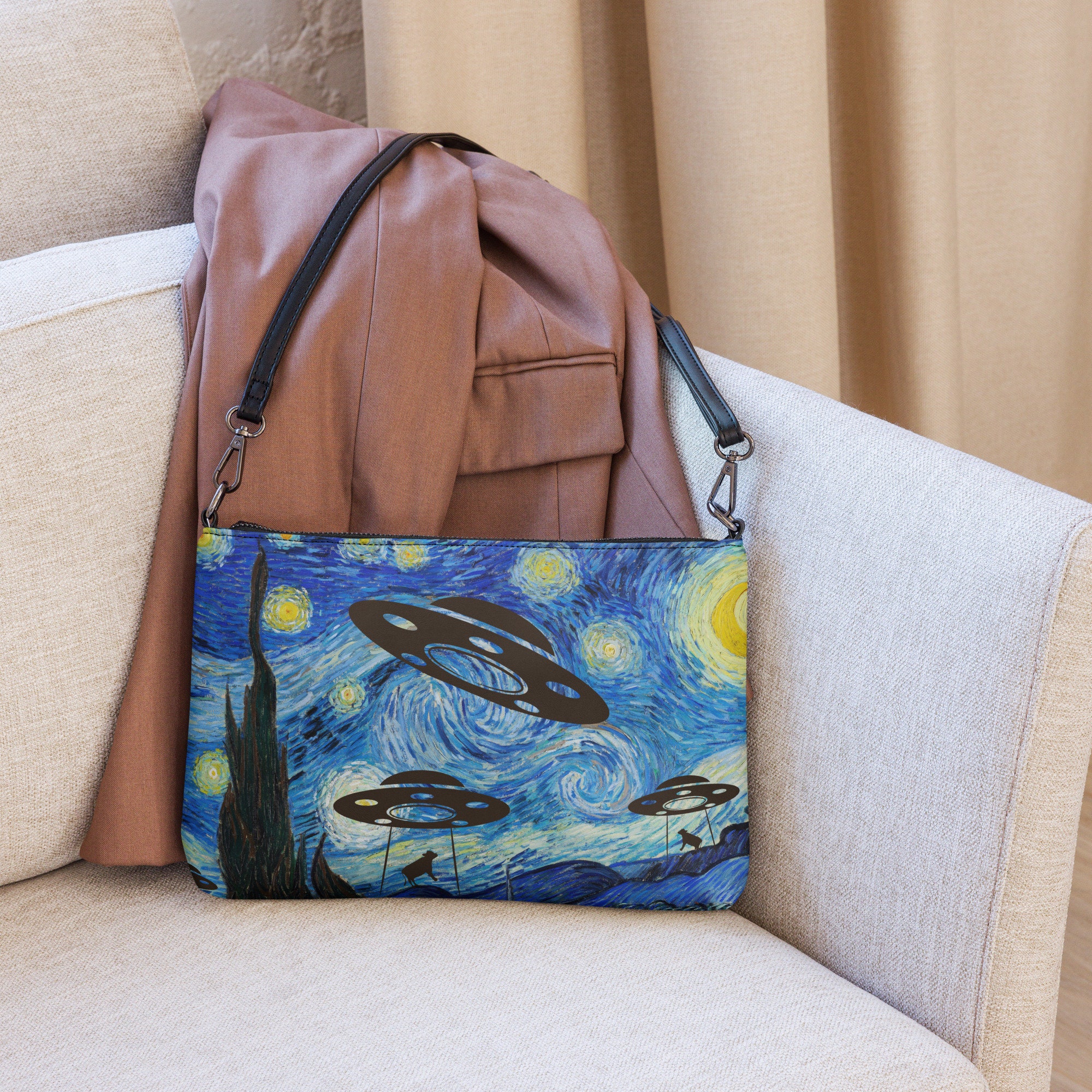 UFO Alien Cow Abduction Starry Night Crossbody bag, UFO Purse, Alien Gifts, Funny UFO Gifts, Van Gogh Painting, Starry Night Art, Art Purse