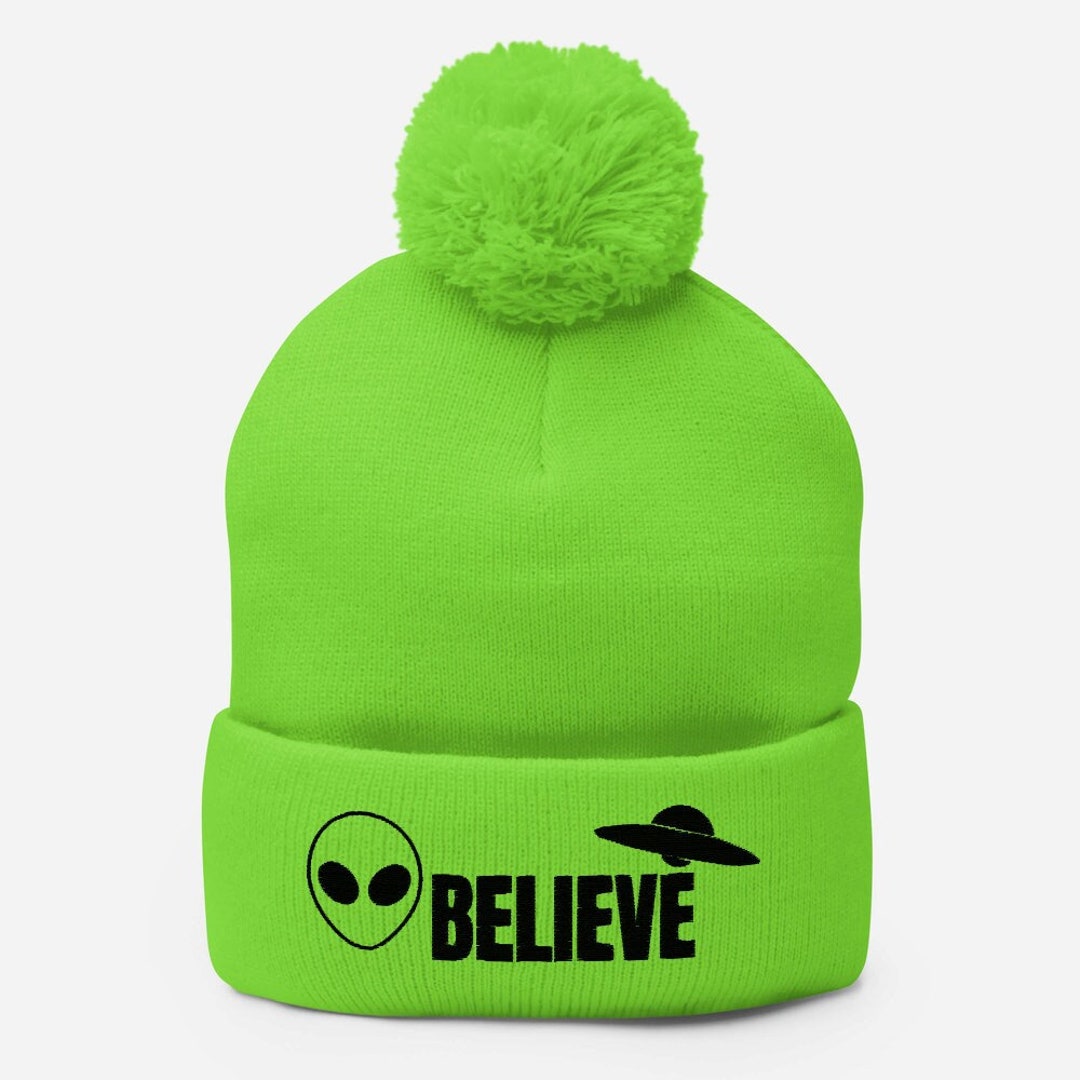 Pom-pom Embroidered Alien Beanie | Alien Lover Beanie | Neon Green ...