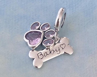 Pink Dog Paw & Bone Charm,Genuine 925 Sterling Silver Charm for Bracelet,Necklace Pendant