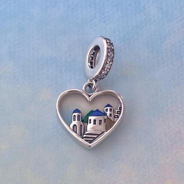 Santorini Island Greece Vacation Travel Dangle Charm,Genuine 925 Sterling Silver Charm for Bracelet,Necklace Pendant