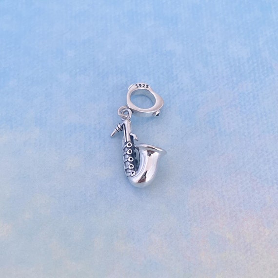 Charming Sterling Silver Saxophone Charm Bead - Dangling Detail For Bracelets & Necklaces, Antiqued Finish - View #8