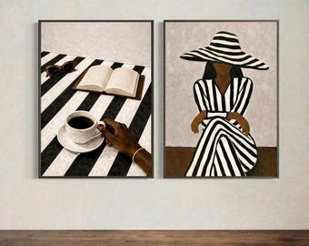 Neutral Black Woman Wall Art Set of 2, Minimalist Fashion Poster Prints, Modern Beige Black Gallery Wall Decor