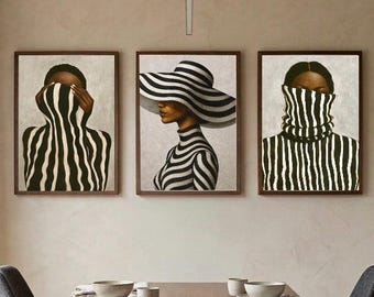 Black Women Fashion Wall Art Set of 3 Posters: Neutral African Striped Gallery Wall Art Print Set