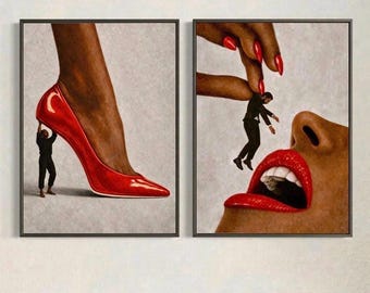 Surreal Feminist Wall Art Set of 2: Red Heels Lips Poster Set, Bold Female Power Art