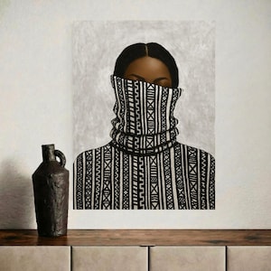 Neutral Black Woman Wall Art Poster:  Geometric Afrocentric Pattern Portrait