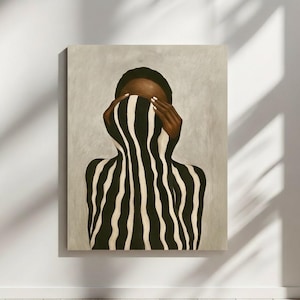 Modern abstract Black woman wall decor print with soft beige background and striking striped form.